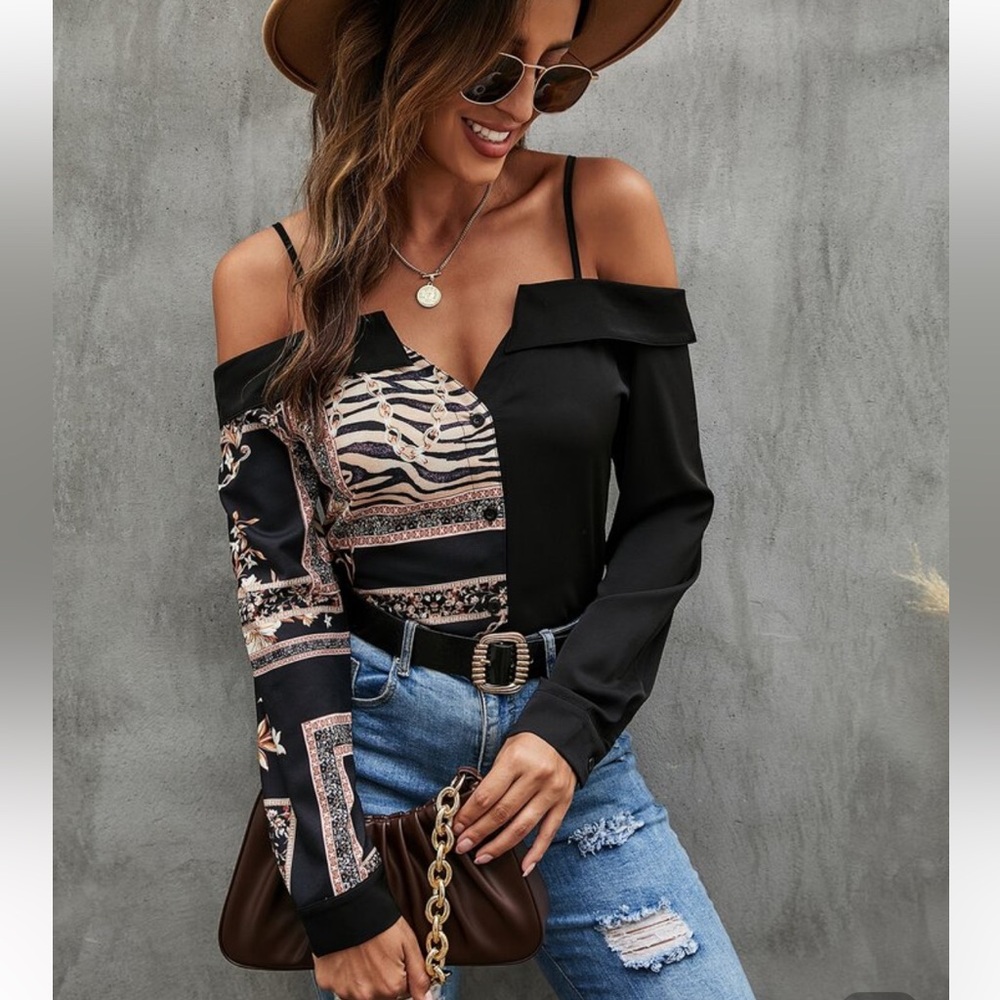 SHEIN Cold Shoulder Patterned Shirt  Blouse New